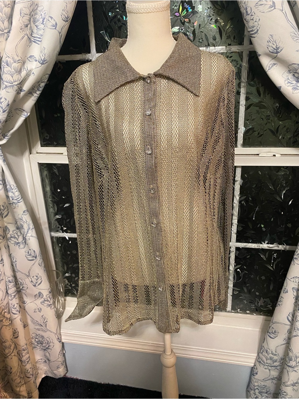 JS Collections Sheer Metallic Button-Down Shirt in Gold and Black